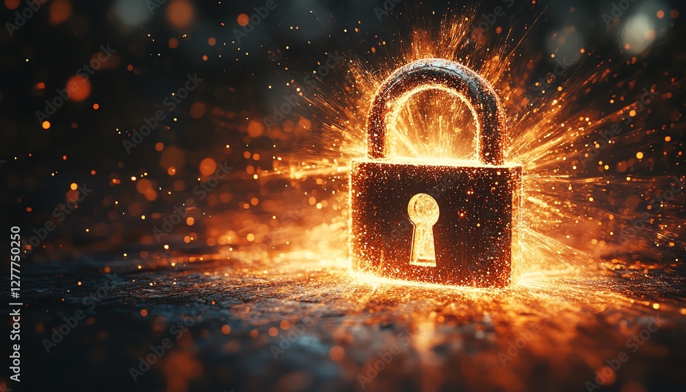 Poster a shattered padlock with light beams and data streams pouring from it, representing vulnerability in