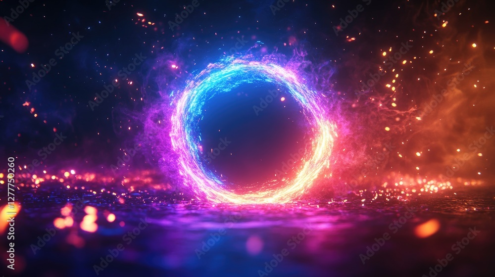 Poster A glowing neon light portal with sparks flying out, creating a dynamic and futuristic effect on a dark background.