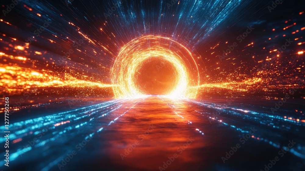 Poster a glowing neon light portal with sparks flying out, creating a dynamic and futuristic effect on a da