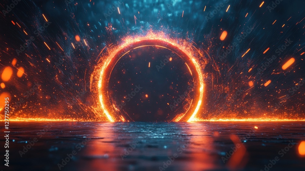 Poster a glowing neon light portal with sparks flying out, creating a dynamic and futuristic effect on a da