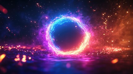 Obraz premium A glowing neon light portal with sparks flying out, creating a dynamic and futuristic effect on a dark background.
