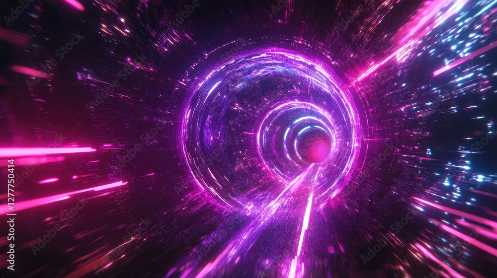 Poster a glowing neon portal with dazzling sparks emanating, illuminating a dark, abstract space with vibra