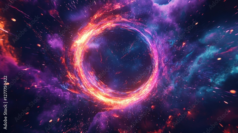 Poster a glowing neon portal with dazzling sparks emanating, illuminating a dark, abstract space with vibra
