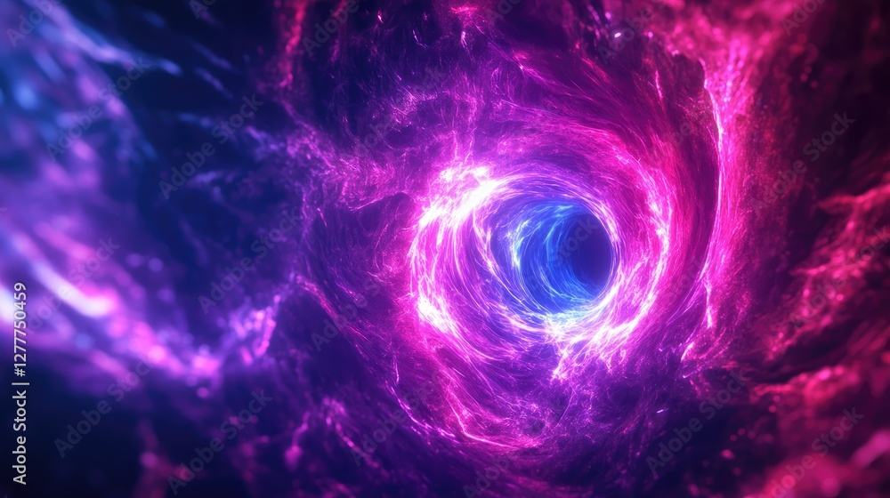 Poster a glowing neon portal with dazzling sparks emanating, illuminating a dark, abstract space with vibra