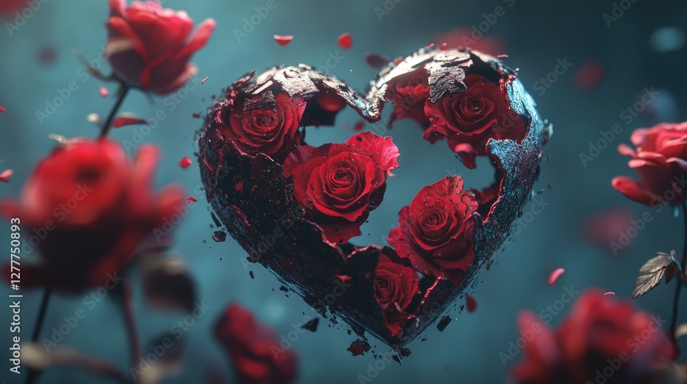Poster a heart fractured into pieces, surrounded by floating roses, creating a poignant and romantic visual