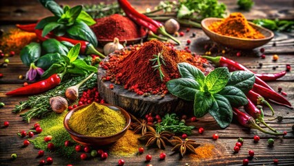 Fototapeta premium Aromatic Spices and Fresh Herbs Arranged on Rustic Wooden Surface