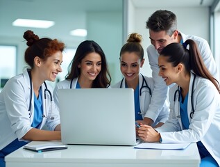 Fototapeta premium Team of doctors and nurses participating in a meeting or conference in the hospital. Group working together, utilizing a laptop to enhance teamwork. Generative ai