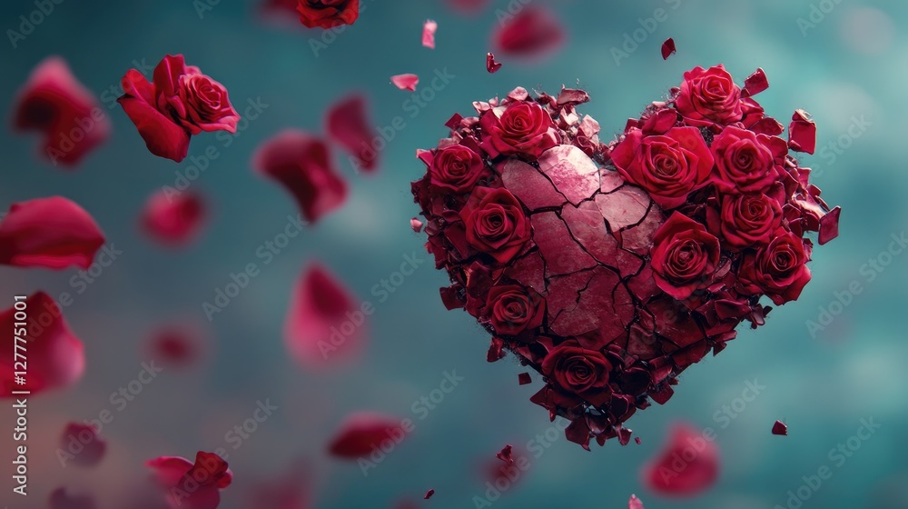 Aufkleber a heart fractured into pieces, surrounded by floating roses, creating a poignant and romantic visual