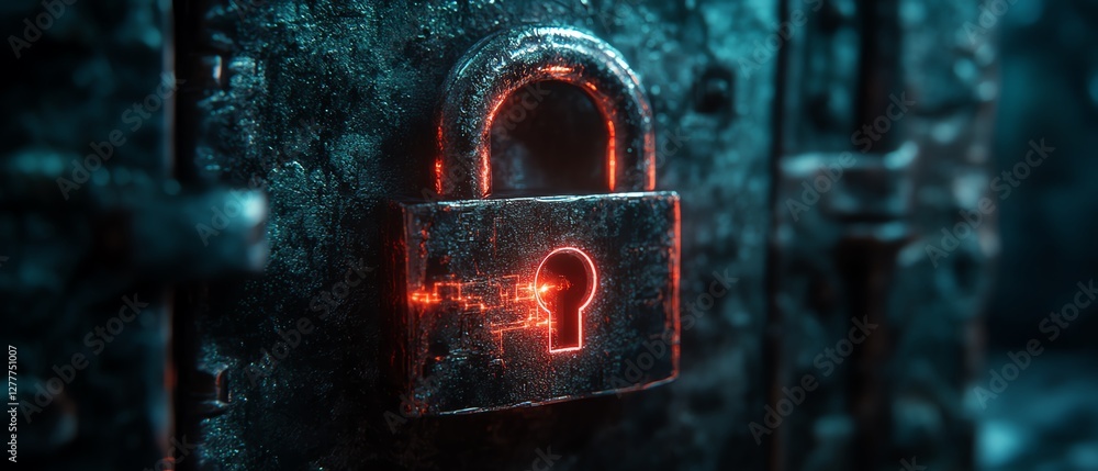 Aufkleber closeup of a padlock with glowing data streams leaking through its cracks, symbolizing security vuln