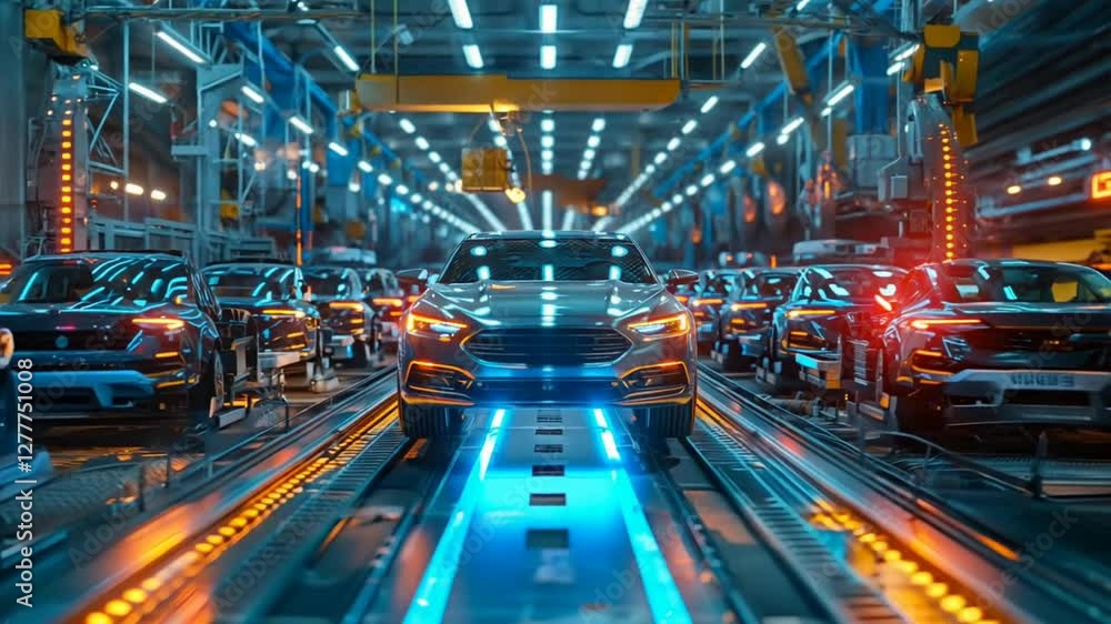 Poster automated car production: an impressive and dynamic view inside a state-of-the-art car factory, high
