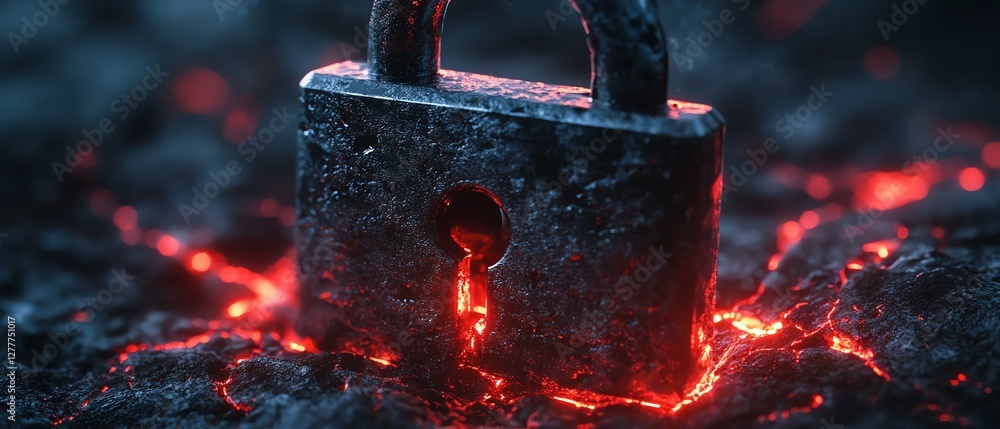 Aufkleber closeup of a padlock with glowing data streams leaking through its cracks, symbolizing security vuln