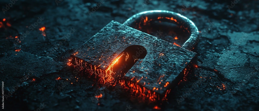 Aufkleber closeup of a padlock with glowing data streams leaking through its cracks, symbolizing security vuln