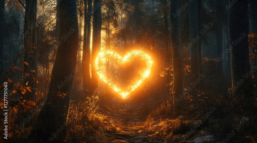 Poster a heart-shaped light glowing brightly in a dark forest, filling the surroundings with warmth and a s