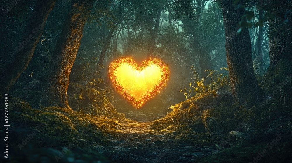 Poster a heart-shaped light glowing brightly in a dark forest, filling the surroundings with warmth and a s