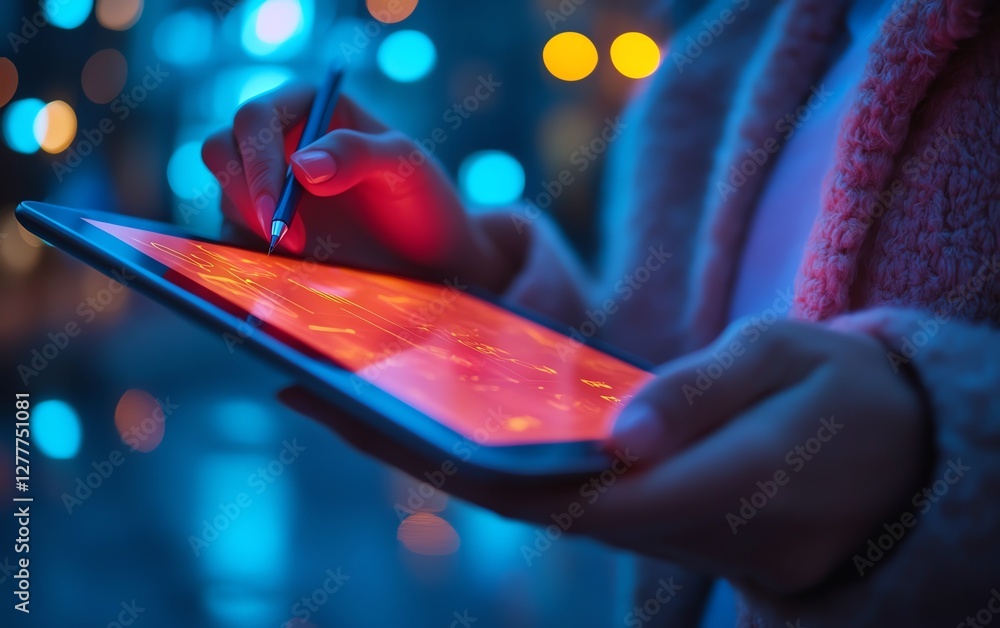 Poster closeup of a person studying with interactive tools on a tablet, exploring a variety of online learn
