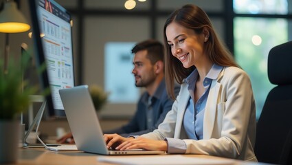 young woman using smartphone and laptop, sitting at desk at home