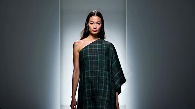 Model showcasing a stylish one-shoulder macleod tartan dress on a runway with dramatic lighting