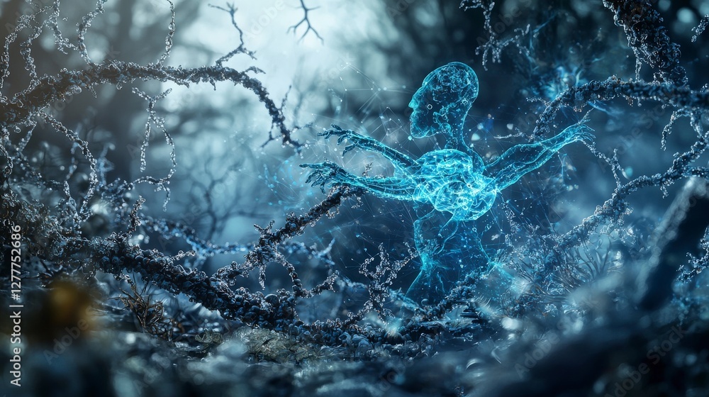 Poster exploring human evolutionary potential in a futuristic digital forest environment