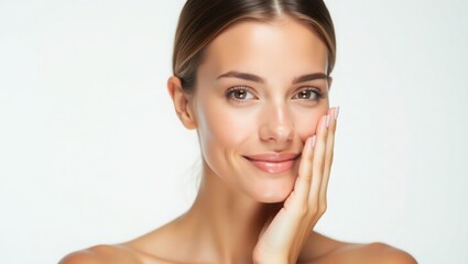 Fototapeta premium woman with fair skin and smooth skin, emphasizing a simple and clean style. she is gently applying water on her cheek with her right hand. The background is white, indicating that this photo is likely