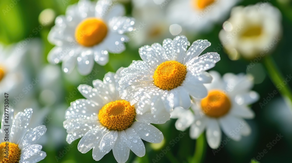 Poster A macro view of chamomile flowers with tiny water drops clinging to the petals, emphasizing their delicate texture.