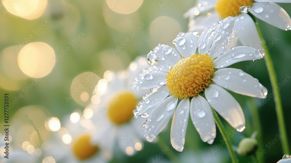 Aufkleber a macro view of chamomile flowers with tiny water drops clinging to the petals, emphasizing their de