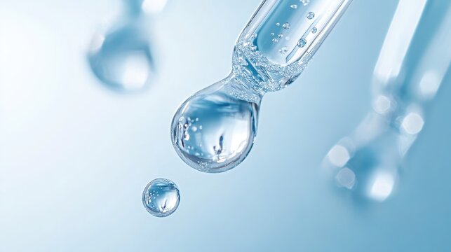 A macro shot of gel serum drops from a pipette, creating a clean, refreshing look on a soft blue background.