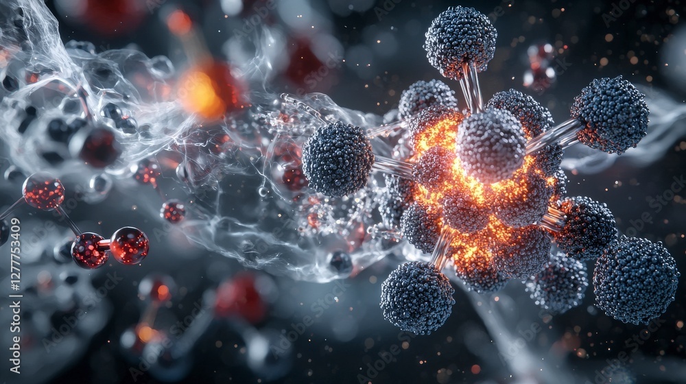 Poster Microscopic interaction of molecules in dynamic motion laboratory setting scientific visualization high detail