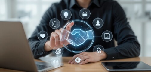 A businessman interacts with a futuristic digital interface displaying business and technology icons on a screen.