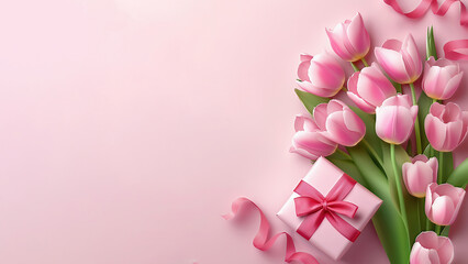 Fototapeta premium ピンクの背景にピンクのチューリップとプレゼントのテンプレート、バナー