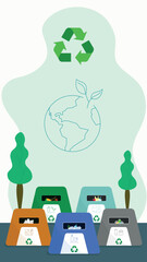 Plastic garbage container of different types. Waste separation in containers. Waste sorting for recycling. Paper, plastic, glass, metal and food waste. Sustainability concept.