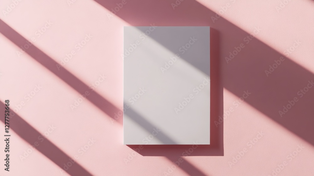 Poster A minimalistic flat lay of a blank notepad with white pages on a pastel pink background, perfect for adding custom text.