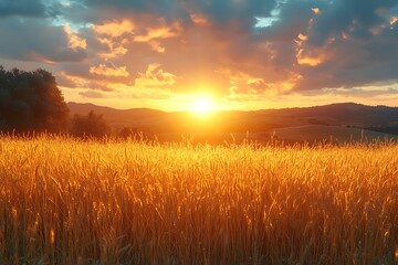 Fototapeta premium golden wheat field, blue sky, sunny scene 