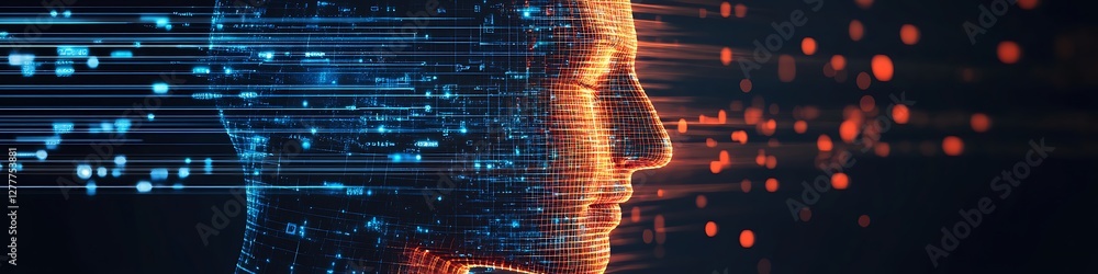 Poster digital head emerging from data streams