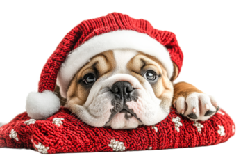 Bulldog puppy in a festive hat and cozy blanket