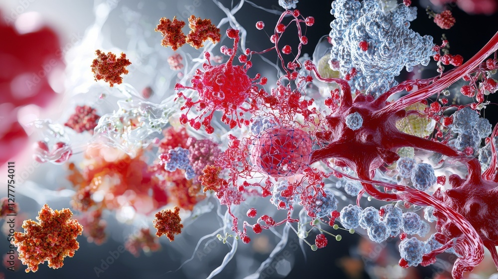 Poster Synthetic biology breakthrough visualizing cellular interactions in a dynamic digital scene