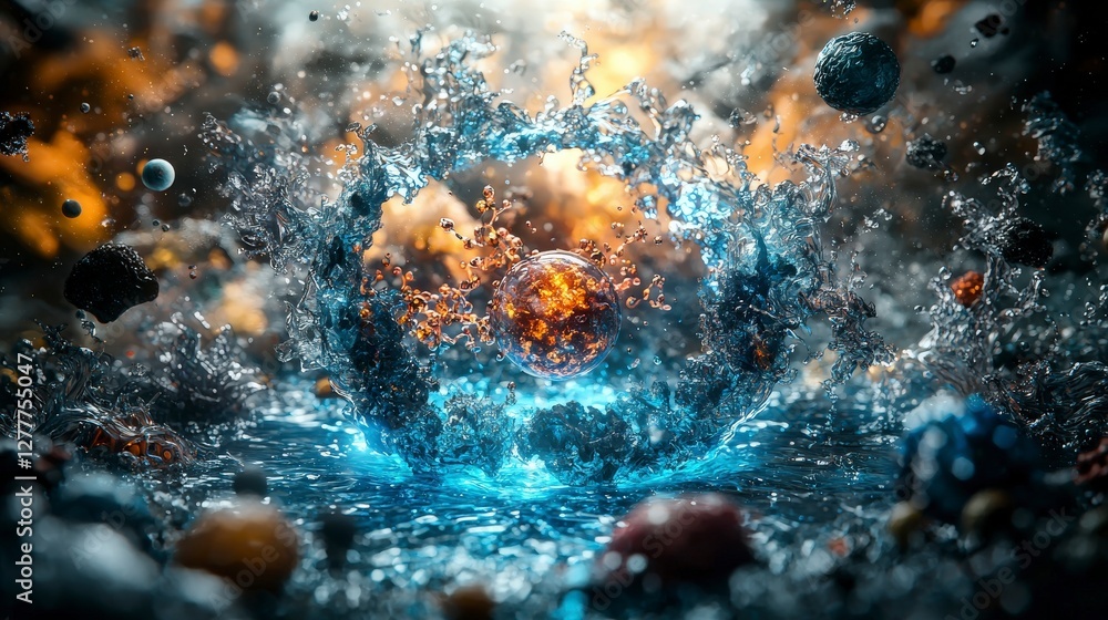 Aufkleber Quantum space travel action in surreal cosmic water collision abstract environment dynamic viewpoint