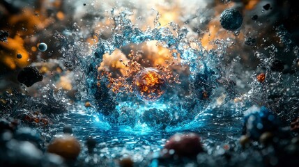 Obraz premium Quantum space travel action in surreal cosmic water collision abstract environment dynamic viewpoint