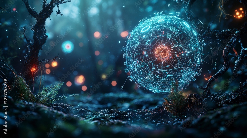 Poster Floating algorithm visualizations in a surreal landscape enchanted forest digital art ethereal mood