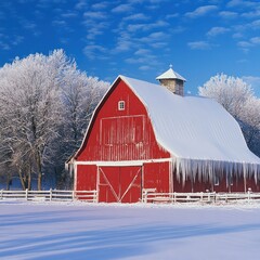 Picturesque Red Barn in a Winter Wonderland