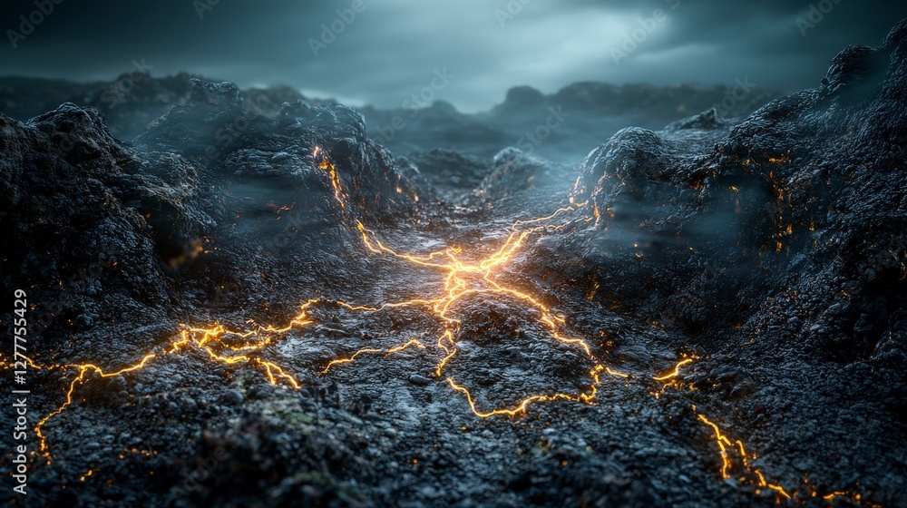 Poster ethereal energy pathways illuminate a surreal landscape at dusk digital art atmospheric environment 