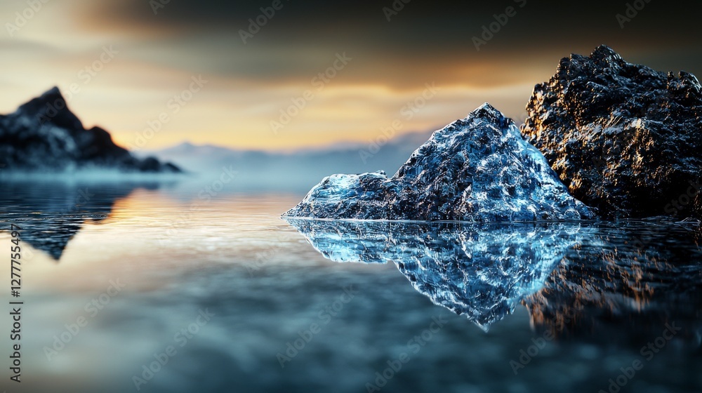 Aufkleber surreal liquid landscape reflecting contours of fbcc mountain lake digital art tranquil environment 