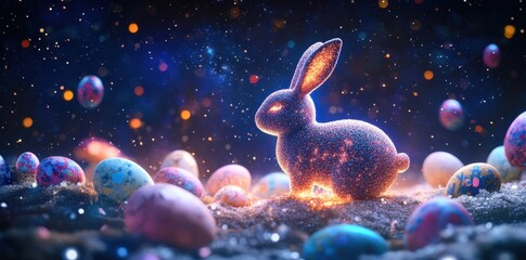 Obraz premium Glowing easter bunny surrounded by painted easter eggs night