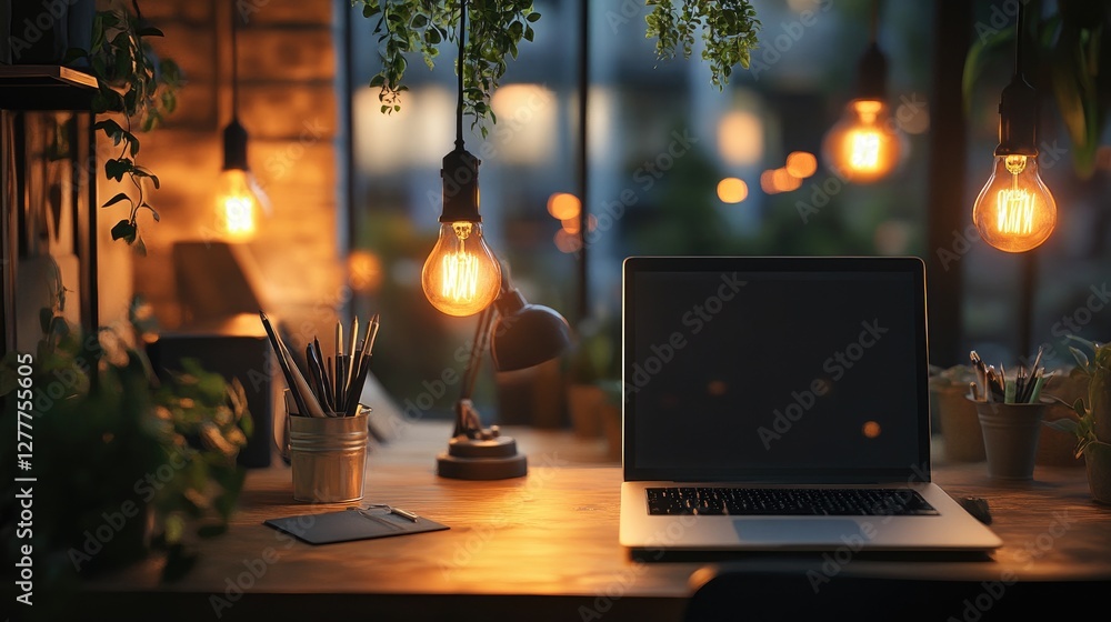 Poster a photo-realistic image of a creative workspace with warm light bulbs illuminating the space, promot
