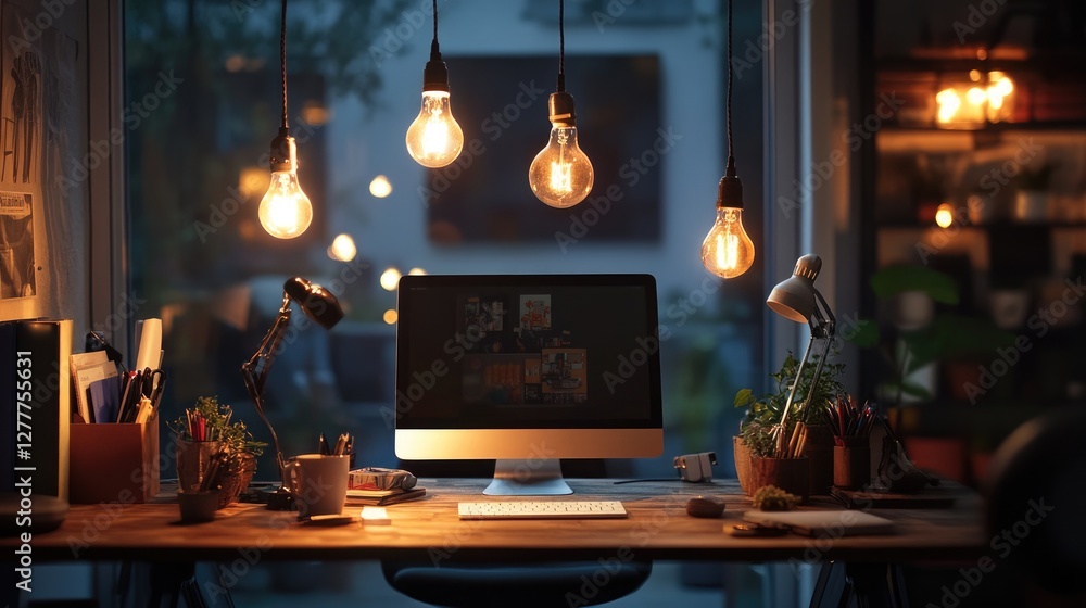 Poster a photo-realistic image of a creative workspace with warm light bulbs illuminating the space, promot