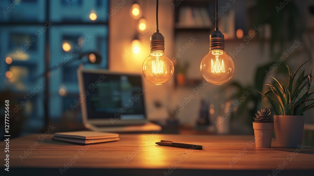 Poster a photo-realistic image of a creative workspace with warm light bulbs illuminating the space, promot