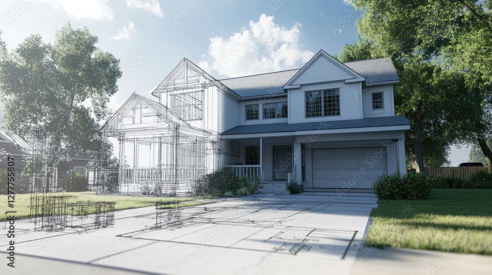 Aufkleber a photo-realistic image of a remodeling project for a fixer-upper house, featuring 3d wireframes and