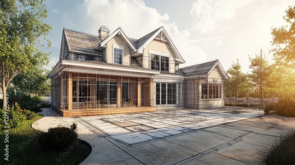 Aufkleber a photo-realistic image of a remodeling project for a fixer-upper house, featuring 3d wireframes and