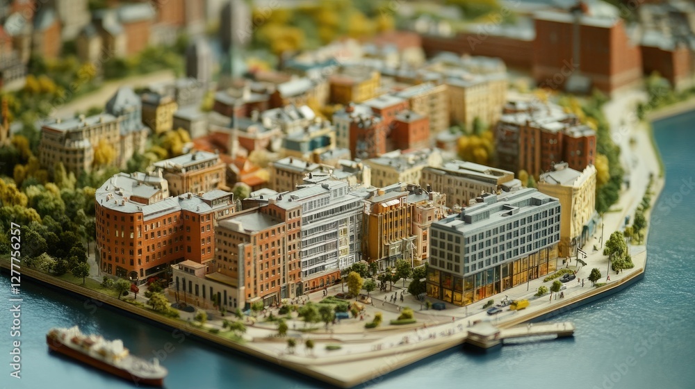 Poster a photo-realistic maquette of a mixed-use development, capturing the integration of residential, com