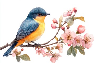 Fototapeta premium Vibrant Blue and Orange Bird Perched on Delicate Pink Blossom Branch Springtime Nature Artwork