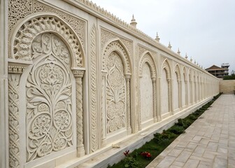 Obraz premium Intricate white stone wall featuring arched patterns and elaborate carvings, showcasing elegant architectural design